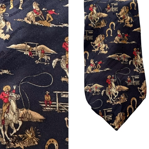 Pierre Balmain Vintage Tie Western Cowboy Necktie Navy & Tan Silk 56” x 3.75”